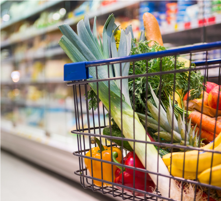 grocery store cart with produce